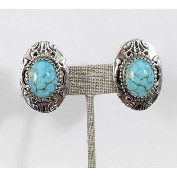 Large Oval Turquoise Art Glass Whiting And Davis Clip On Earrings - Vintage - Picture 4 of 10